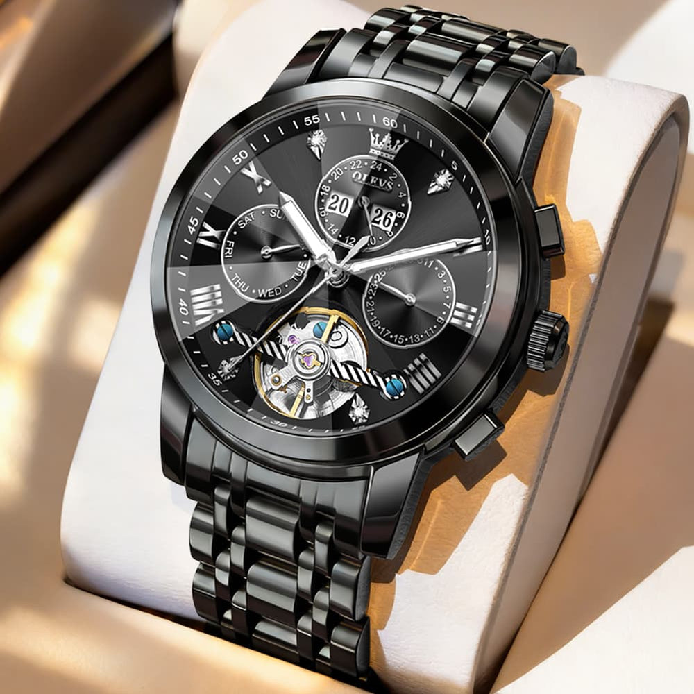 OLEVS 3D Diamond Cut Skeleton Automatic Watch 7121 for Men - All Black Watch | Olevs Watch Store