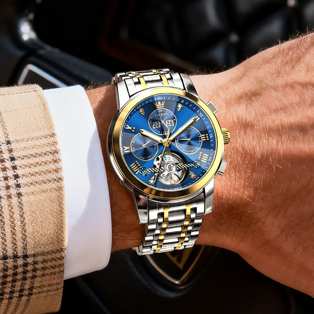 OLEVS 3D Diamond Cut Skeleton Automatic Watch 7121 for Men - All Gold Watch | Olevs Watch Store