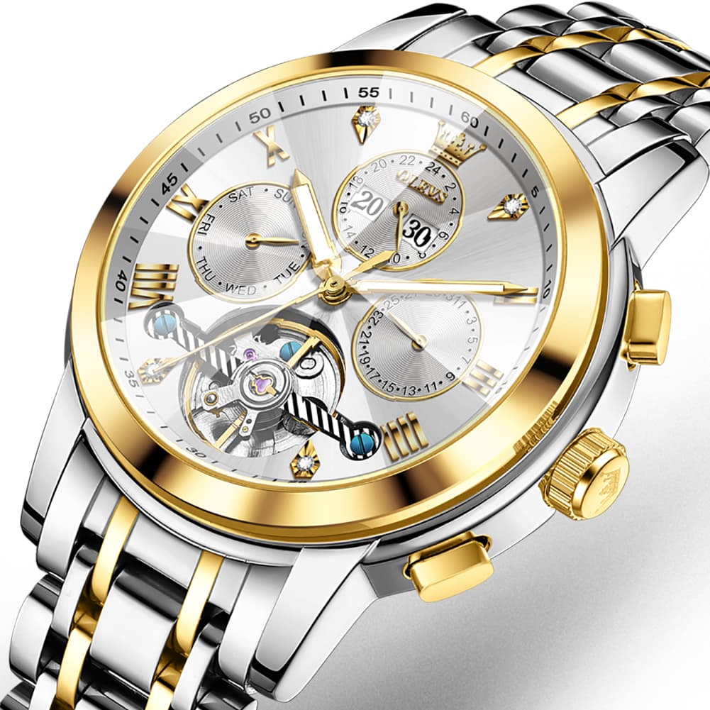 OLEVS 3D Diamond Cut Skeleton Automatic Watch 7121 for Men - All Gold Watch | Olevs Watch Store