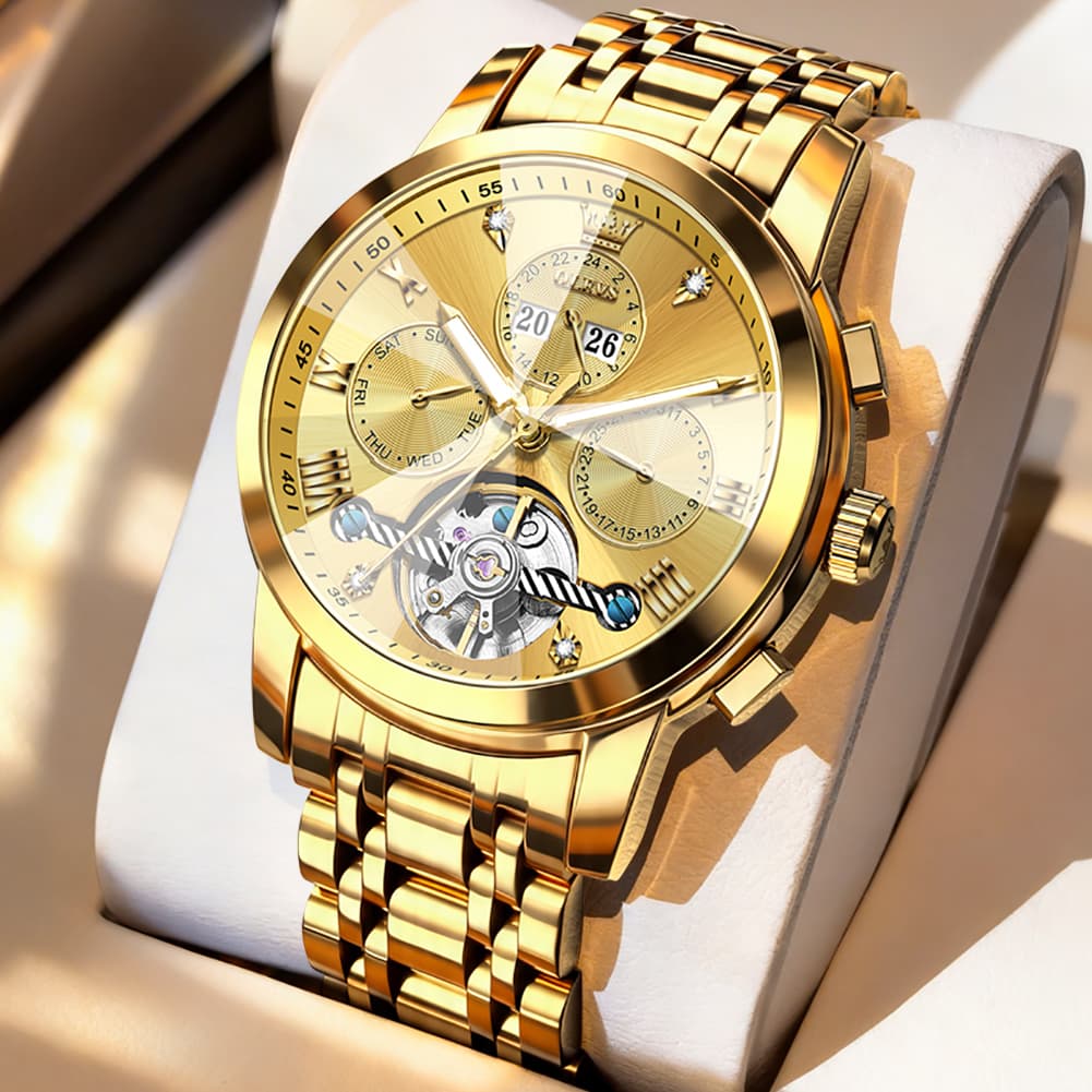 OLEVS 3D Diamond Cut Skeleton Automatic Watch 7121 for Men - All Gold Watch | Olevs Watch Store