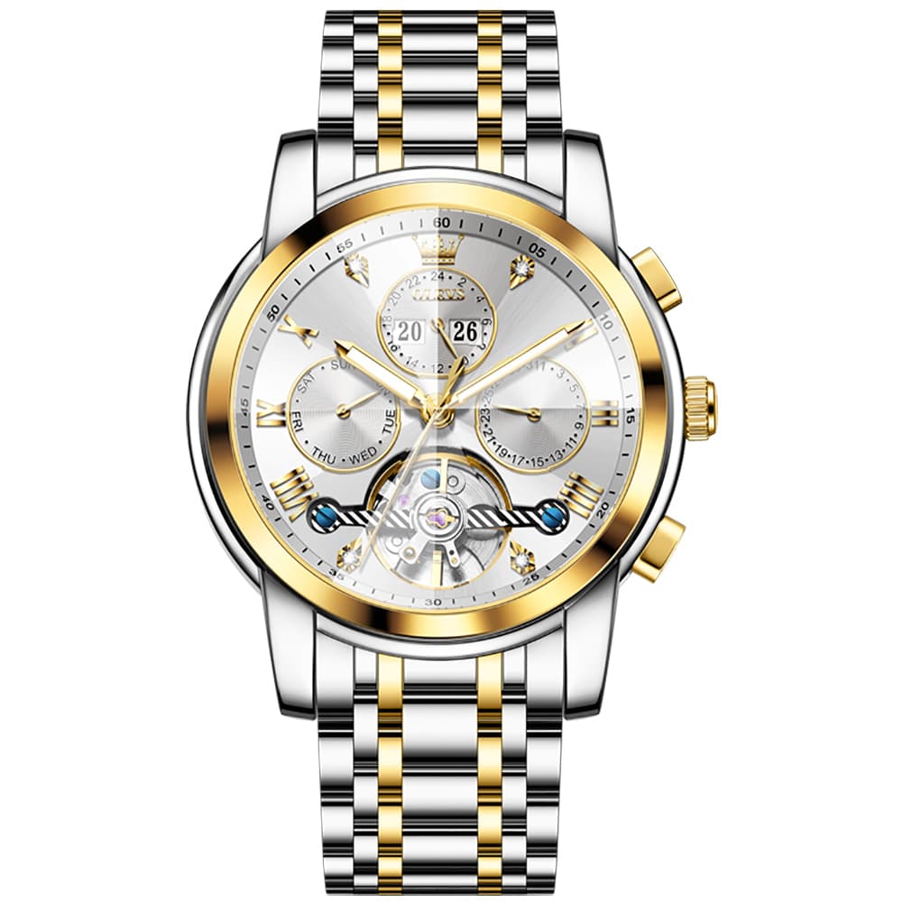 OLEVS 3D Diamond Cut Skeleton Automatic Watch 7121 for Men - All Gold Watch | Olevs Watch Store
