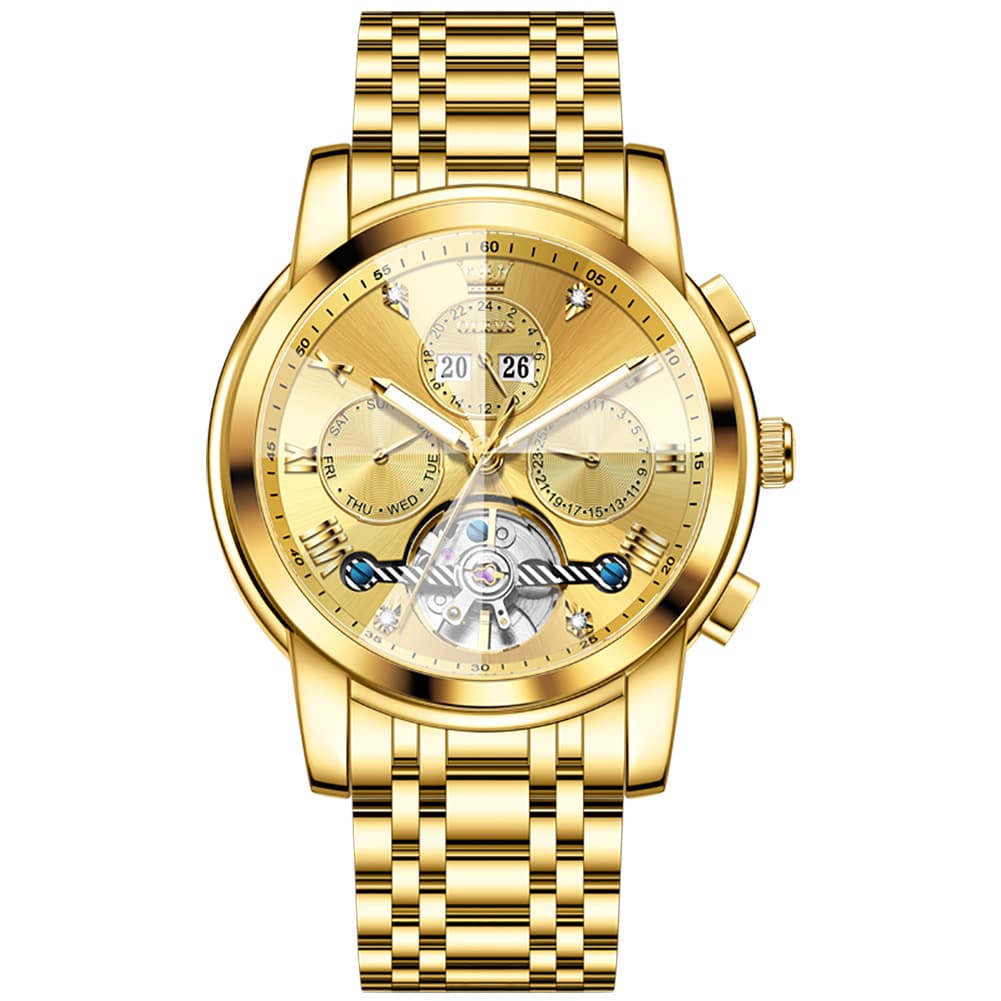 OLEVS 3D Diamond Cut Skeleton Automatic Watch 7121 for Men - All Gold Watch | Olevs Watch Store