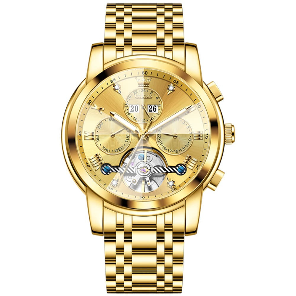 OLEVS 3D Diamond Cut Skeleton Automatic Watch 7121 for Men - All Gold Watch | Olevs Watch Store
