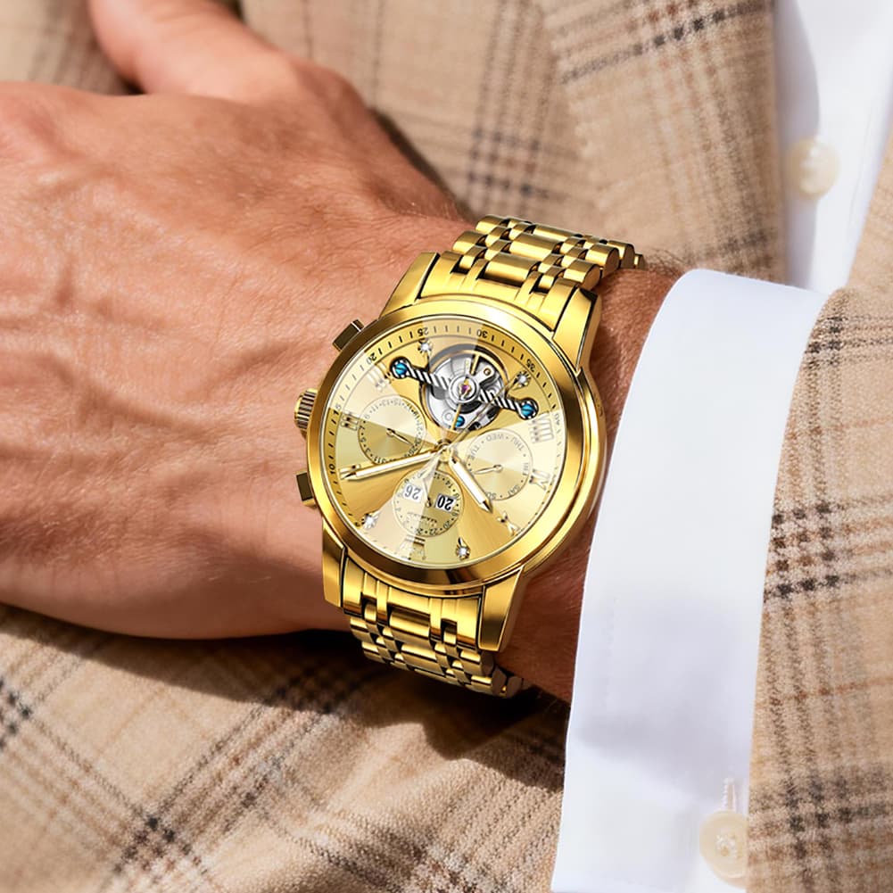 OLEVS 3D Diamond Cut Skeleton Automatic Watch 7121 for Men - All Gold Watch | Olevs Watch Store
