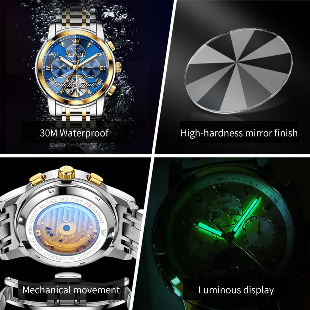 OLEVS 3D Diamond Cut Skeleton Automatic Watch 7121 for Men - All Gold Watch | Olevs Watch Store