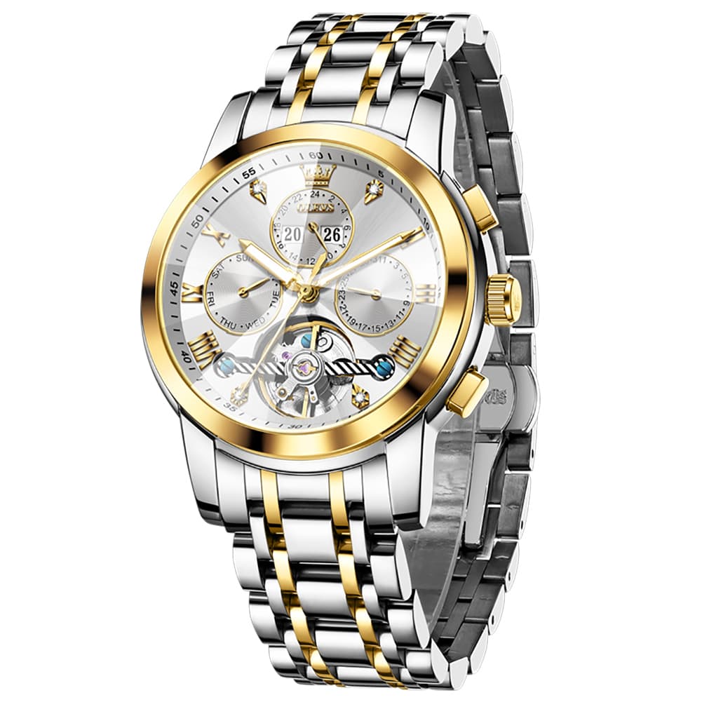 OLEVS 3D Diamond Cut Skeleton Automatic Watch 7121 for Men - All Gold Watch | Olevs Watch Store