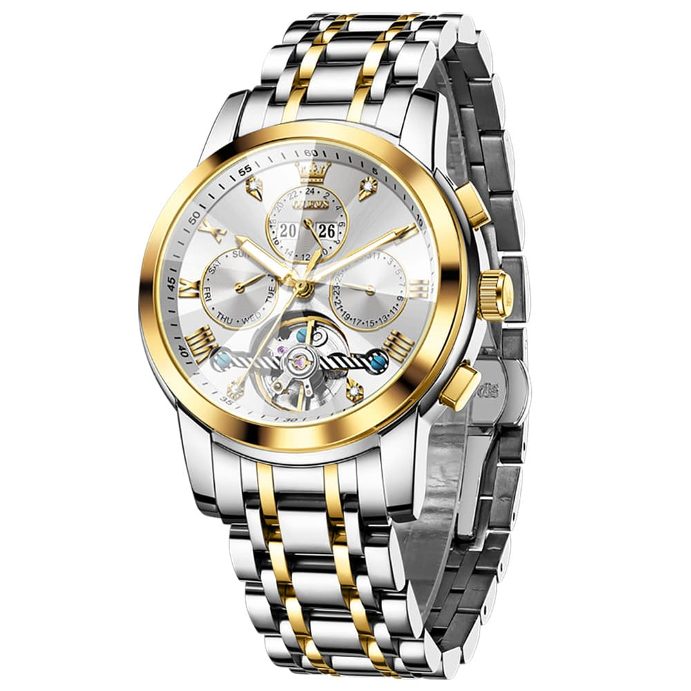 OLEVS 3D Diamond Cut Skeleton Automatic Watch 7121 for Men - All Gold Watch | Olevs Watch Store
