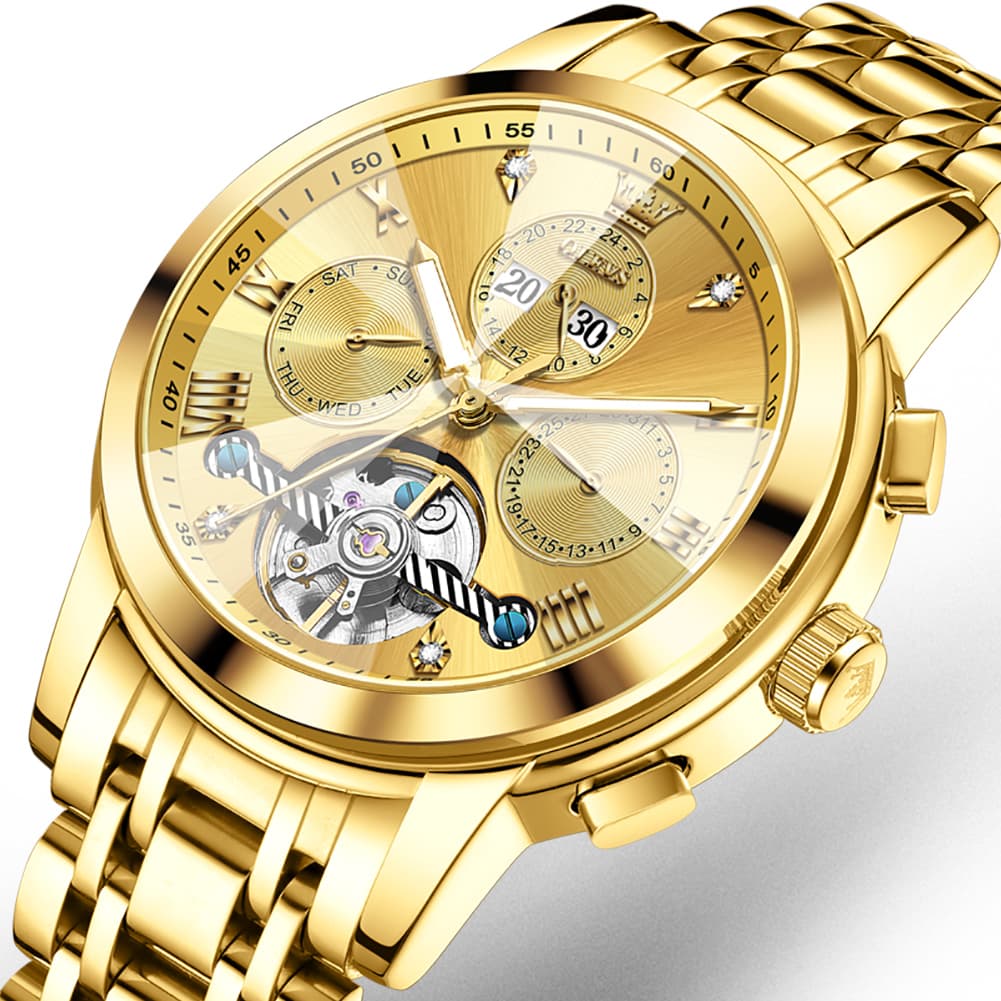 OLEVS 3D Diamond Cut Skeleton Automatic Watch 7121 for Men - All Gold Watch | Olevs Watch Store