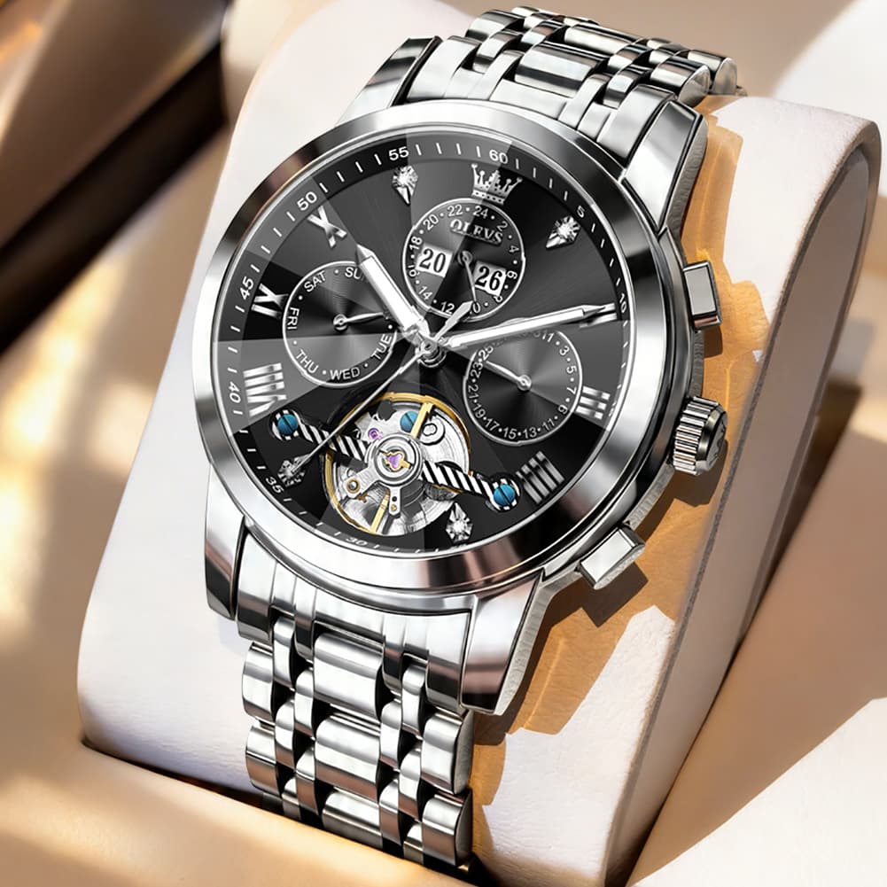OLEVS 3D Diamond Cut Skeleton Automatic Watch 7121 for Men - Silver Black Watch | Olevs Watch Store