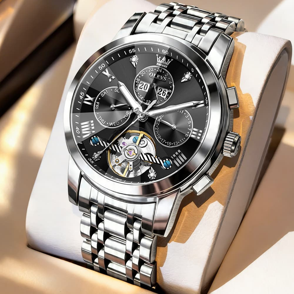 OLEVS 3D Diamond Cut Skeleton Automatic Watch 7121 for Men - Silver Black Watch | Olevs Watch Store