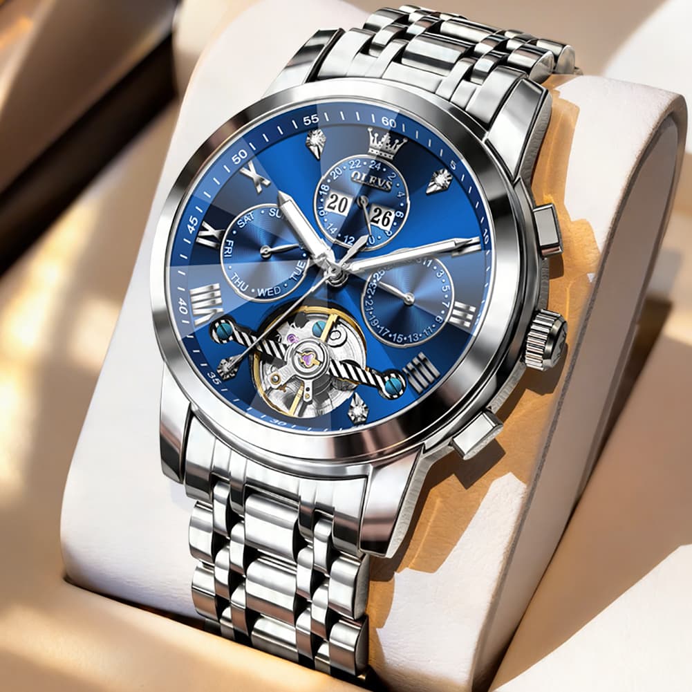 OLEVS 3D Diamond Cut Skeleton Automatic Watch 7121 for Men - Silver Blue Watch | Olevs Watch Store