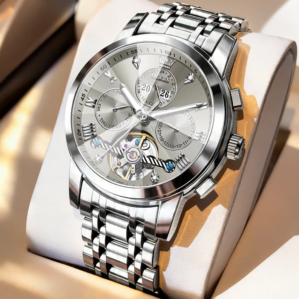 OLEVS 3D Diamond Cut Skeleton Automatic Watch 7121 for Men - Silver gray Watch | Olevs Watch Store