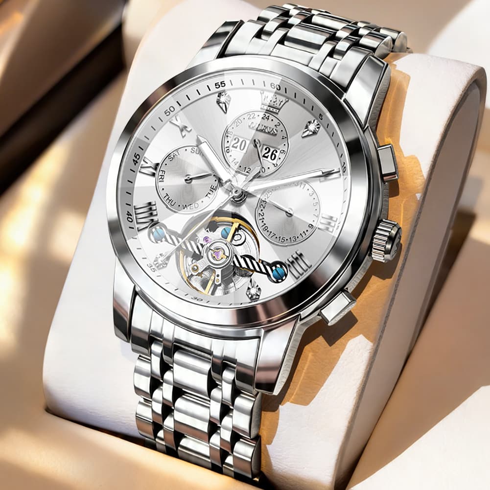 OLEVS 3D Diamond Cut Skeleton Automatic Watch 7121 for Men - Silver White Watch | Olevs Watch Store