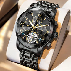 OLEVS 3D Diamond Cut Skeleton Automatic Watch 7121 for Men - Two Tone Black Watch | Olevs Watch Store