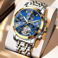 OLEVS 3D Diamond Cut Skeleton Automatic Watch 7121 for Men - Two Tone Blue Watch | Olevs Watch Store