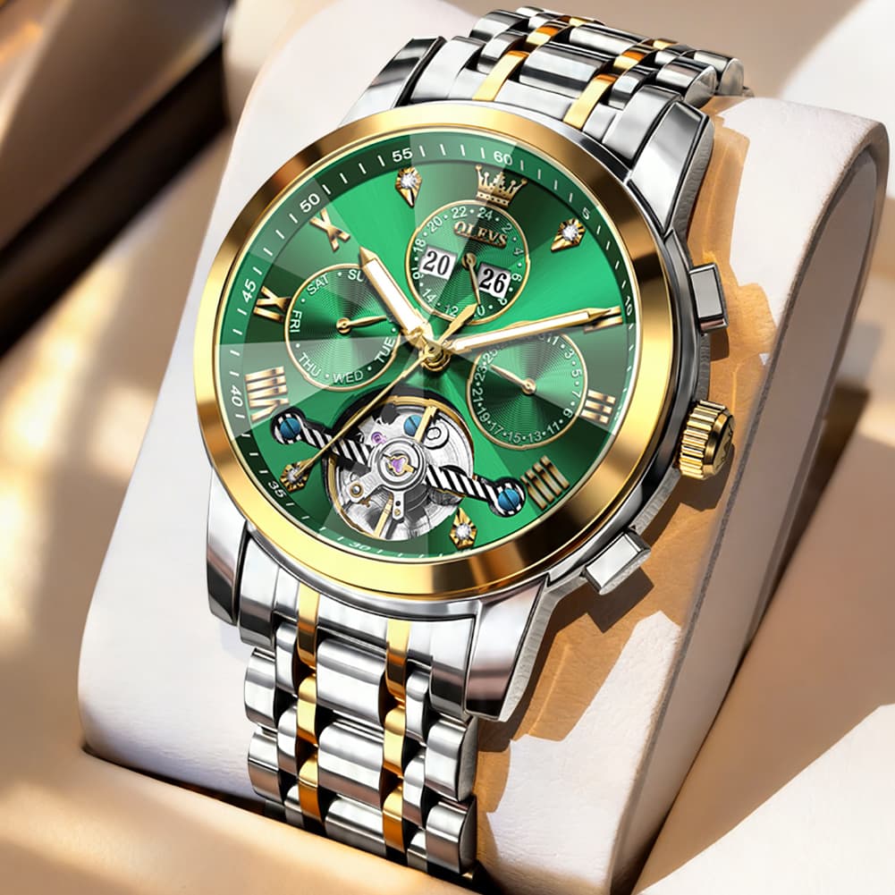 OLEVS 3D Diamond Cut Skeleton Automatic Watch 7121 for Men - Two Tone Green Watch | Olevs Watch Store