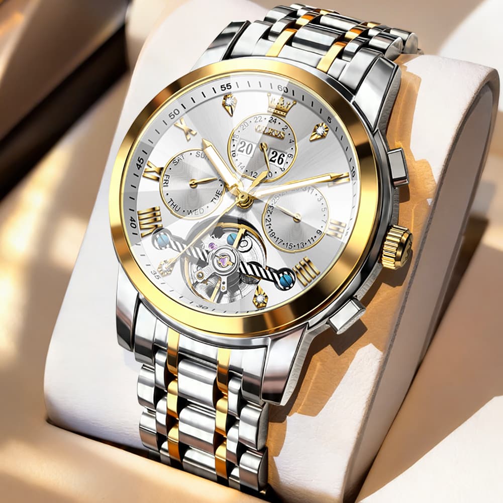 OLEVS 3D Diamond Cut Skeleton Automatic Watch 7121 for Men - Two Tone White Watch | Olevs Watch Store