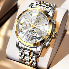 OLEVS 3D Diamond Cut Skeleton Automatic Watch 7121 for Men - Two Tone White Watch | Olevs Watch Store