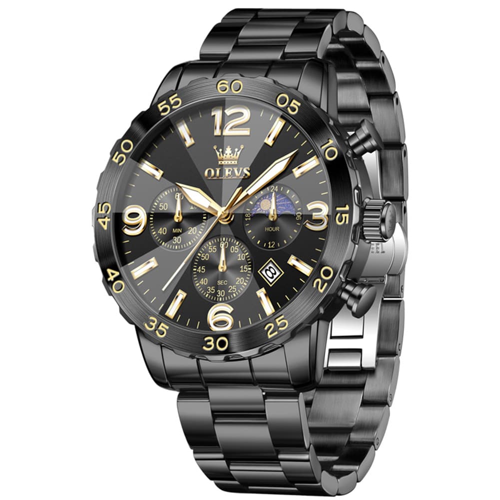 OLEVS 3D Rhombic Chronograph Quartz Watch for Men 3678 - All Black Watch | Olevs Watch Store