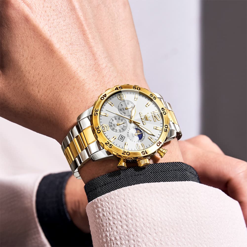 OLEVS 3D Rhombic Chronograph Quartz Watch for Men 3678 - All Gold Watch | Olevs Watch Store
