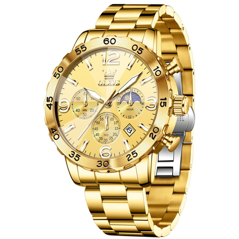 OLEVS 3D Rhombic Chronograph Quartz Watch for Men 3678 - All Gold Watch | Olevs Watch Store