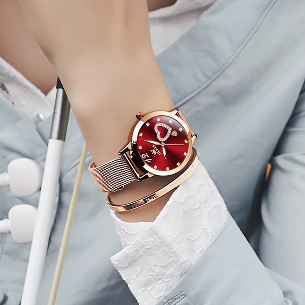 OLEVS 5189 Heart Motif Milanese Mesh Quartz Watch for Women - Steel Rose Gold Watch | Olevs Watch Store