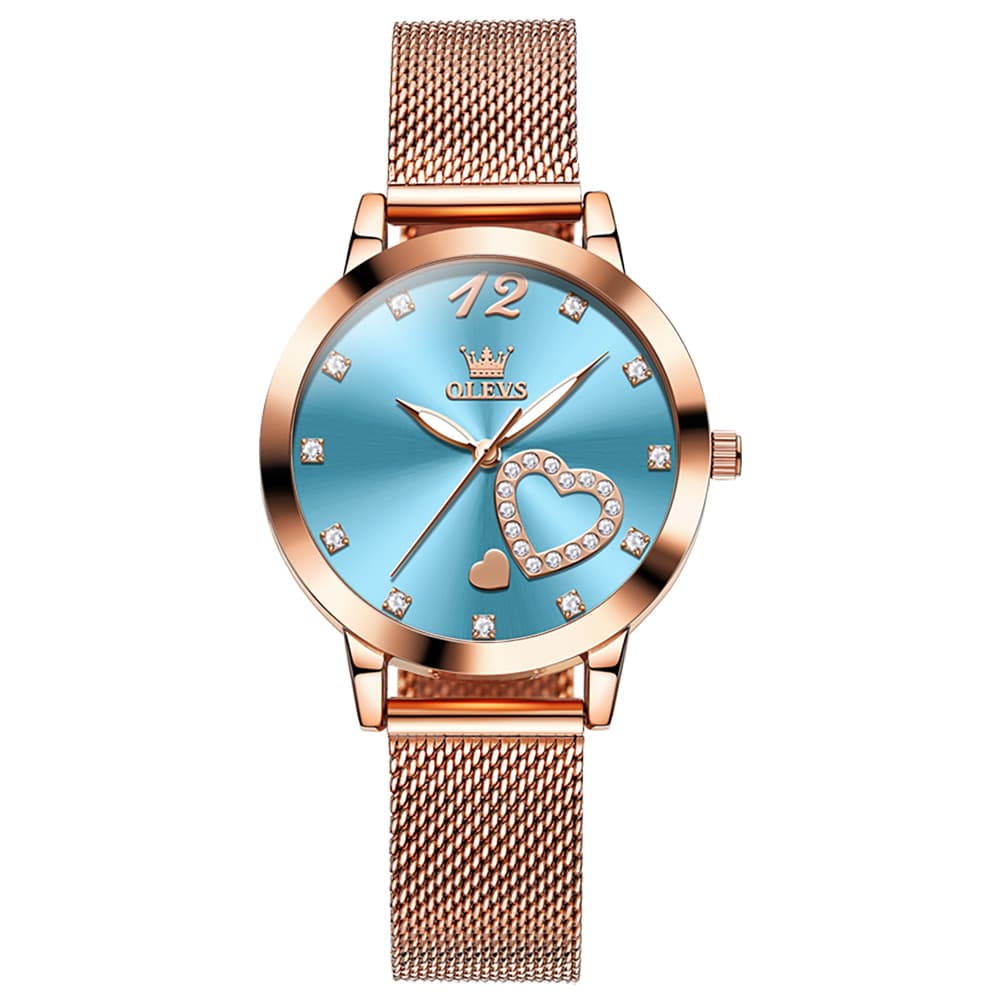 OLEVS 5189 Heart Motif Milanese Mesh Quartz Watch for Women - Mesh Blue Watch | Olevs Watch Store