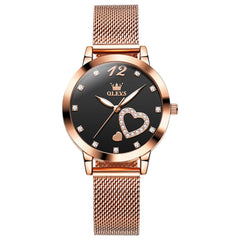 OLEVS 5189 Heart Motif Milanese Mesh Quartz Watch for Women - Mesh Black Watch | Olevs Watch Store