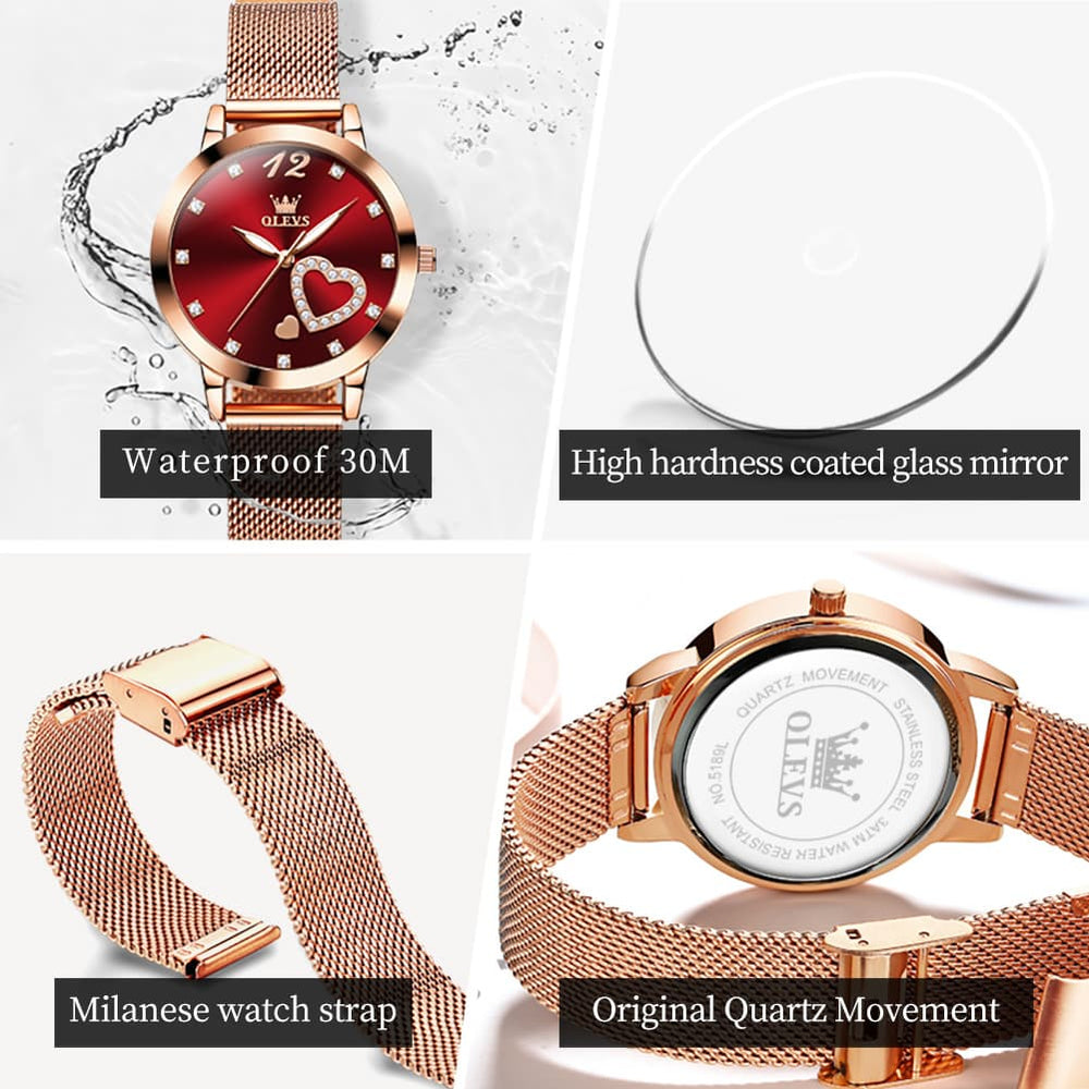 OLEVS 5189 Heart Motif Milanese Mesh Quartz Watch for Women - Steel Rose Gold Watch | Olevs Watch Store