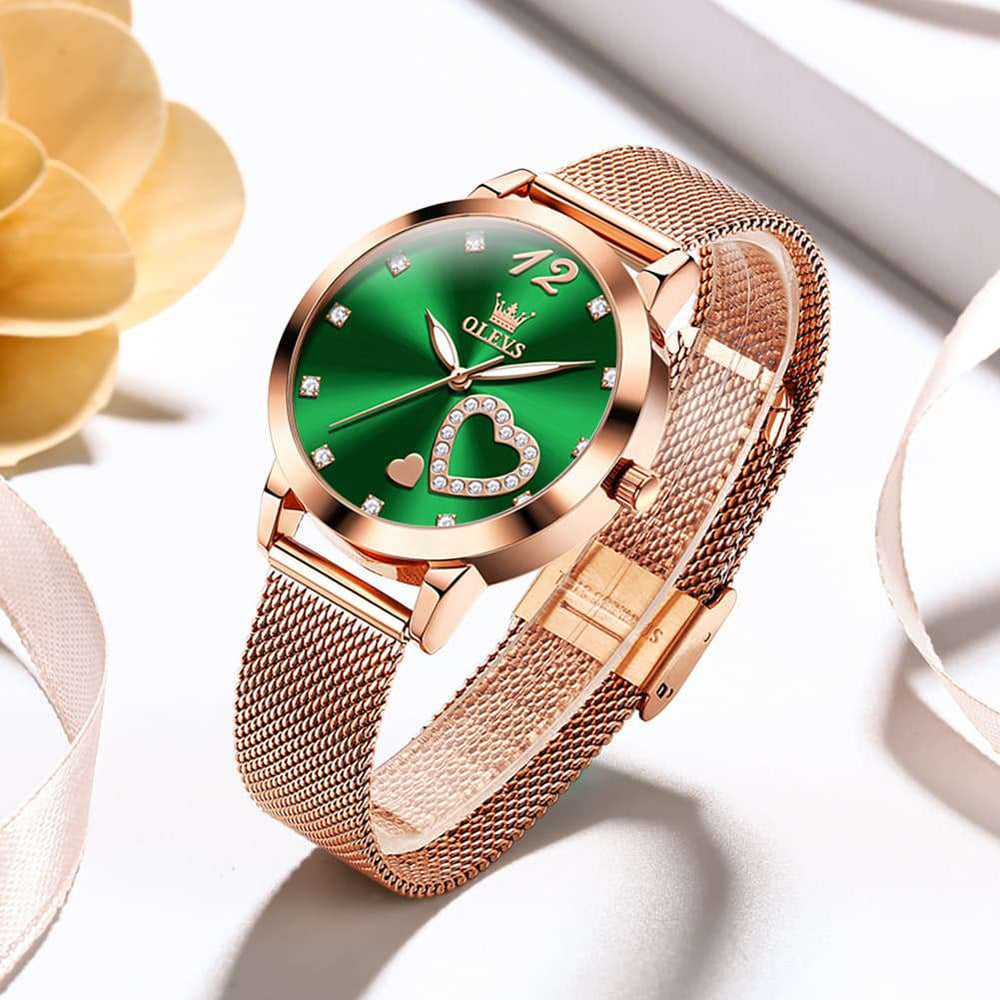 OLEVS 5189 Heart Motif Milanese Mesh Quartz Watch for Women