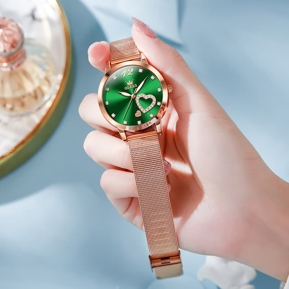 OLEVS 5189 Heart Motif Milanese Mesh Quartz Watch for Women - Steel Rose Gold Watch | Olevs Watch Store