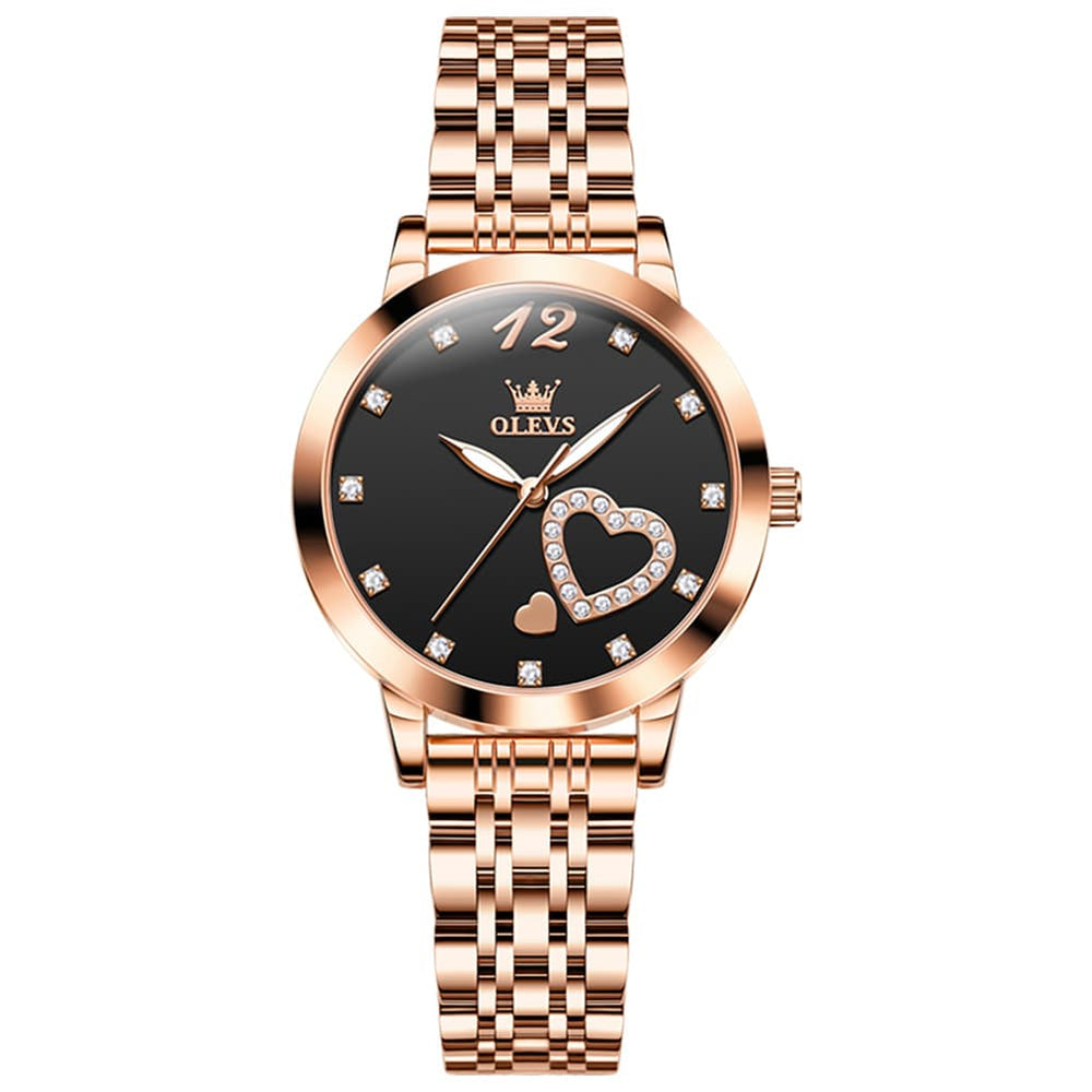 OLEVS 5189 Heart Motif Milanese Mesh Quartz Watch for Women - Steel Black Watch | Olevs Watch Store
