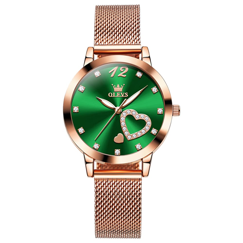 OLEVS 5189 Heart Motif Milanese Mesh Quartz Watch for Women - Mesh Green Watch | Olevs Watch Store