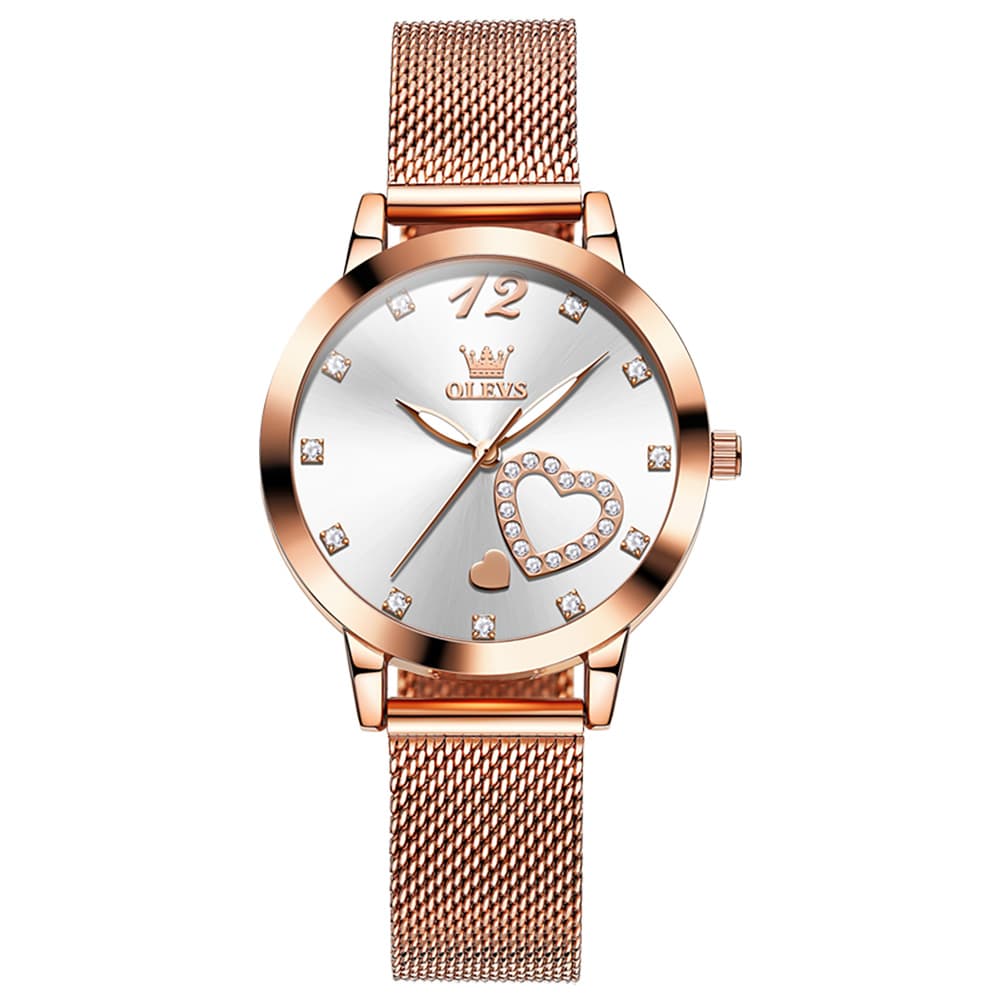 OLEVS 5189 Heart Motif Milanese Mesh Quartz Watch for Women - Mesh White Watch | Olevs Watch Store
