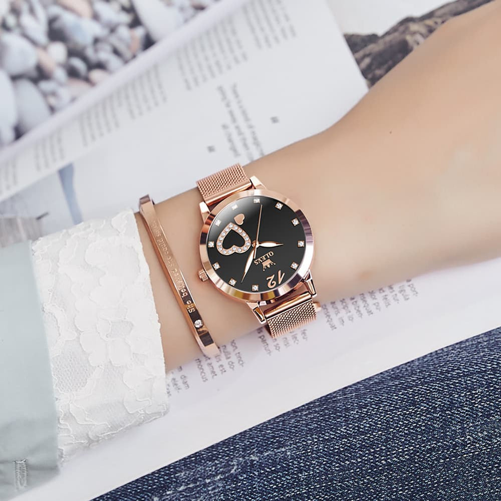 OLEVS 5189 Heart Motif Milanese Mesh Quartz Watch for Women - Steel Rose Gold Watch | Olevs Watch Store