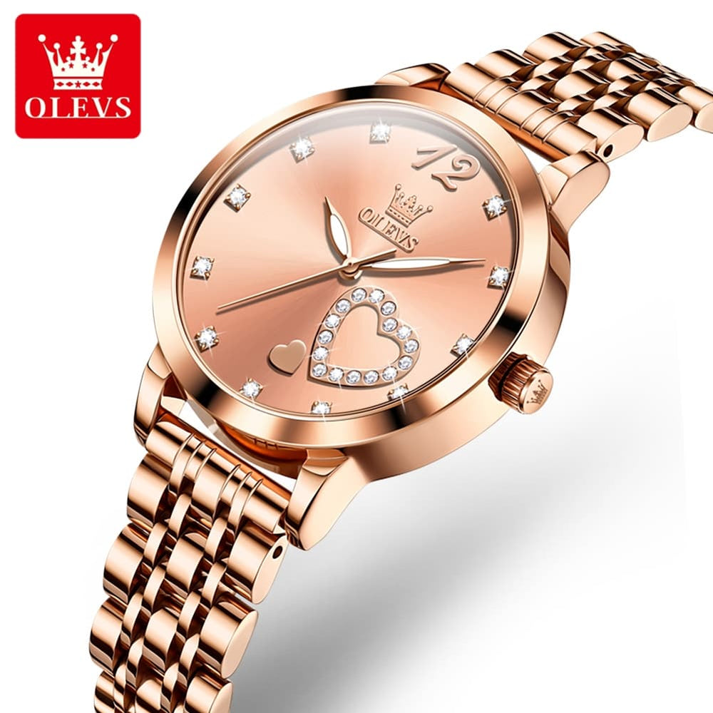 OLEVS 5189 Heart Motif Milanese Mesh Quartz Watch for Women - Steel Rose Gold Watch | Olevs Watch Store