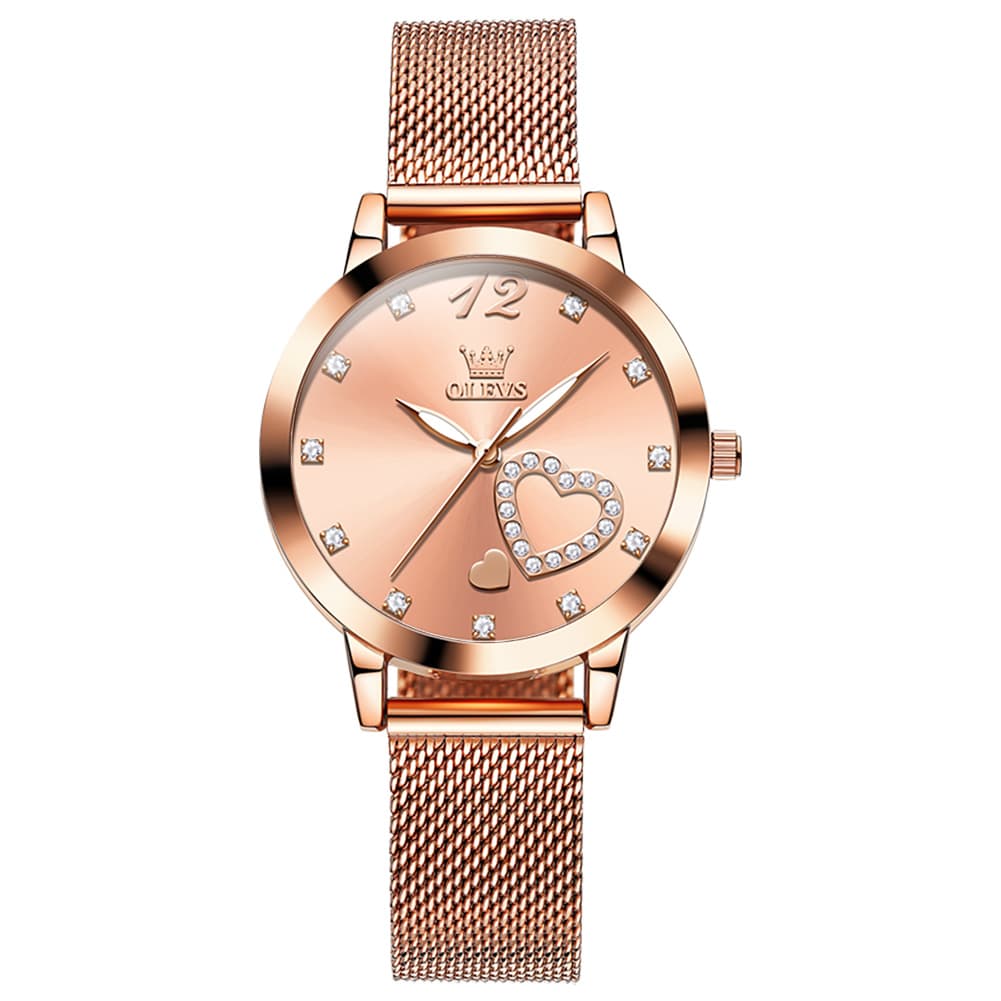 OLEVS 5189 Heart Motif Milanese Mesh Quartz Watch for Women - Mesh Rose Gold Watch | Olevs Watch Store