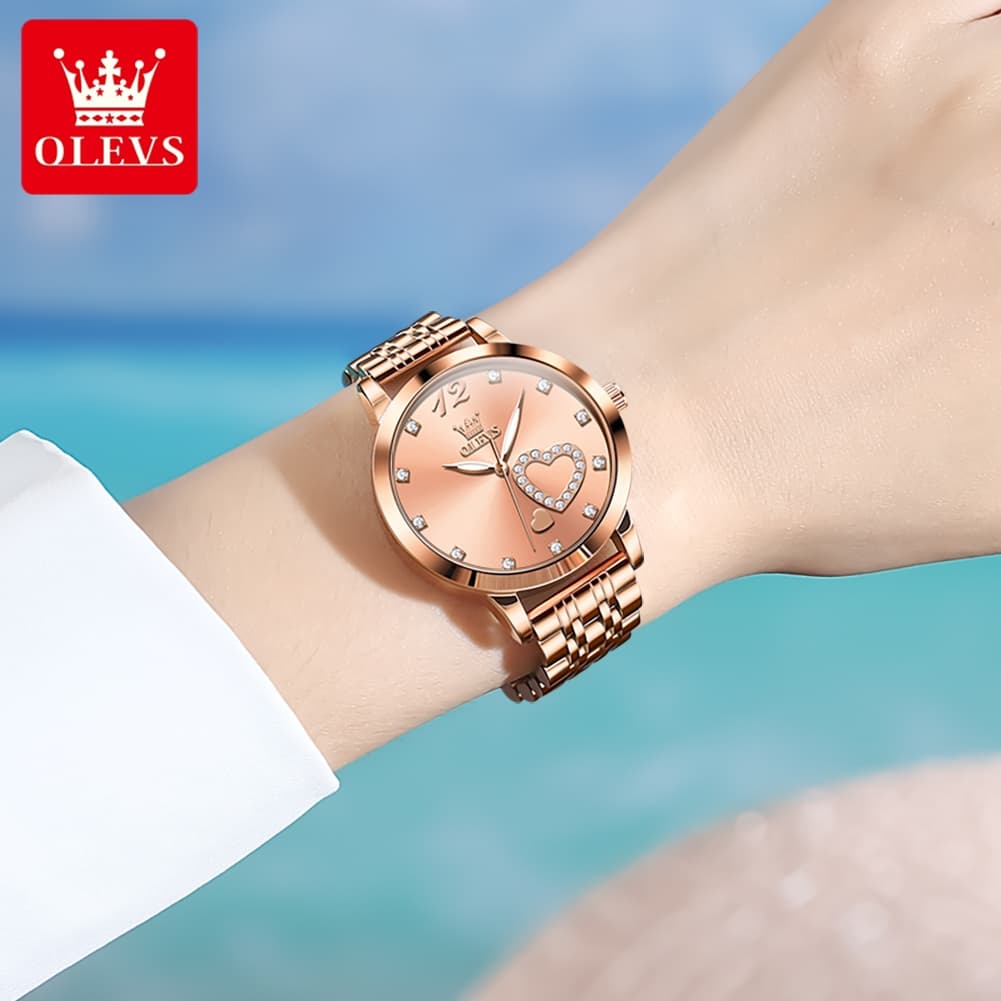 OLEVS 5189 Heart Motif Milanese Mesh Quartz Watch for Women - Steel Rose Gold Watch | Olevs Watch Store