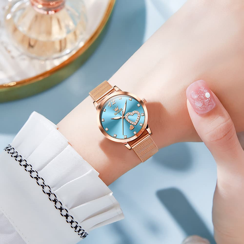 OLEVS 5189 Heart Motif Milanese Mesh Quartz Watch for Women - Steel Rose Gold Watch | Olevs Watch Store