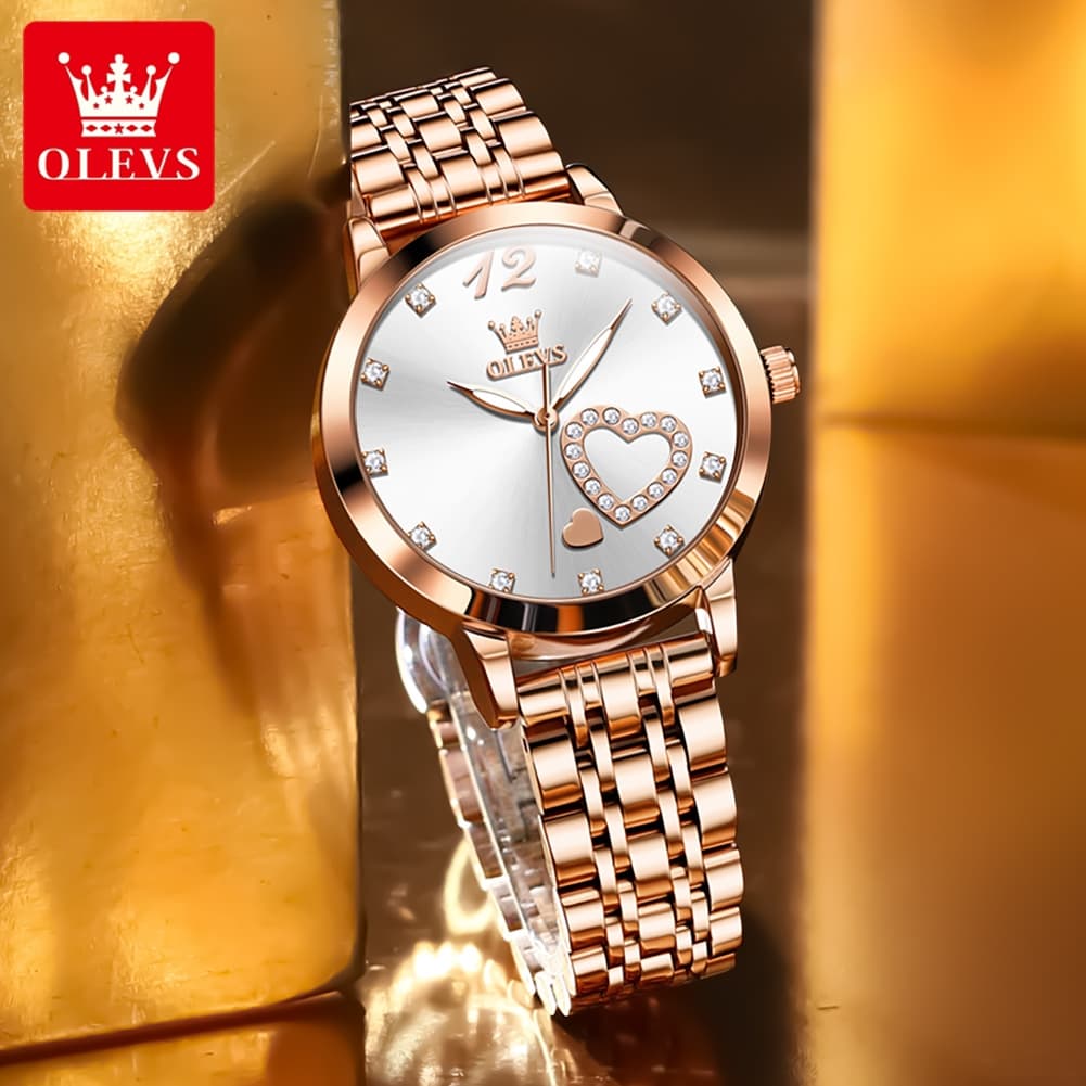 OLEVS 5189 Heart Motif Milanese Mesh Quartz Watch for Women - Steel Rose Gold Watch | Olevs Watch Store