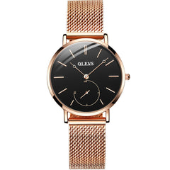 OLEVS 5190 Ultra Thin Sub Dial Quartz Watch for Women - Rose Gold Black Watch | Olevs Watch Store