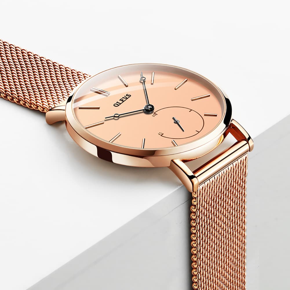 OLEVS 5190 Ultra Thin Sub Dial Quartz Watch for Women - Rose Gold White Watch | Olevs Watch Store