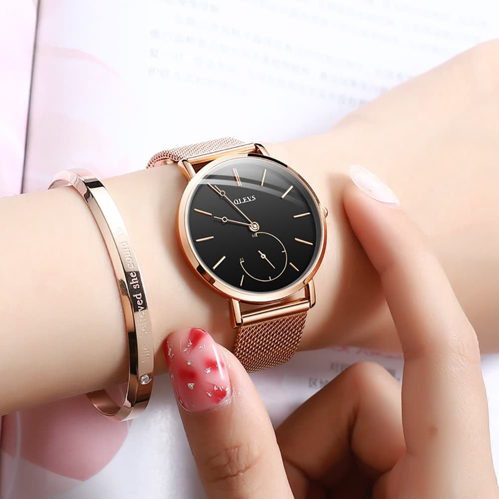 OLEVS 5190 Ultra Thin Sub Dial Quartz Watch for Women - Rose Gold White Watch | Olevs Watch Store
