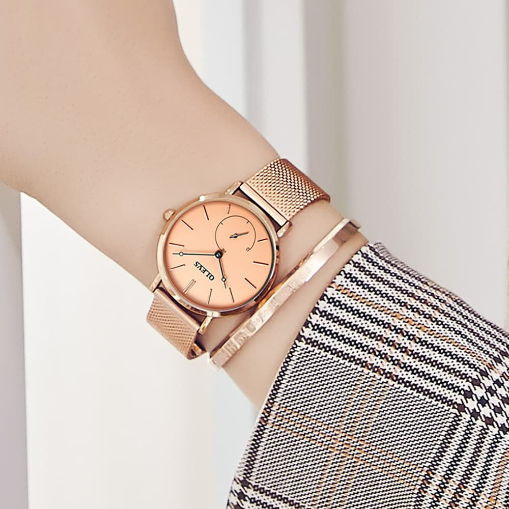 OLEVS 5190 Ultra Thin Sub Dial Quartz Watch for Women - Rose Gold White Watch | Olevs Watch Store