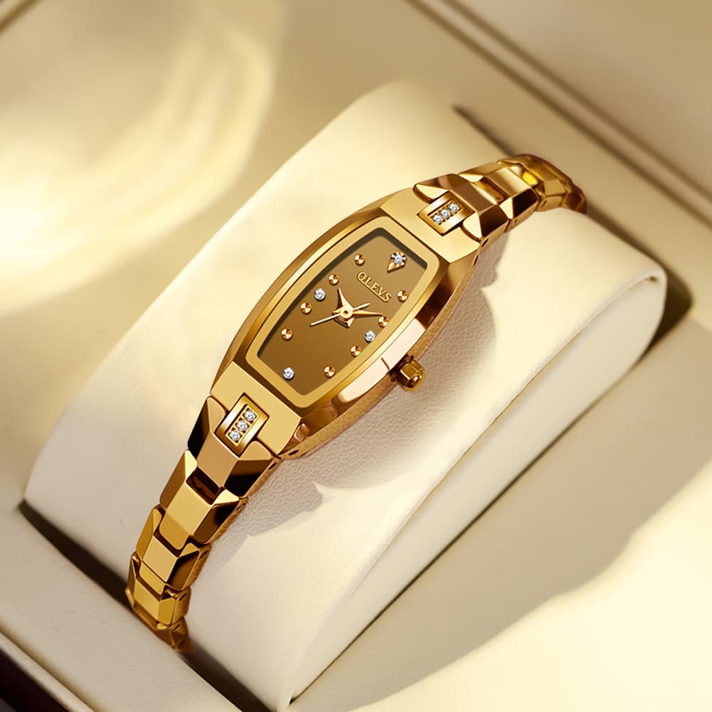 OLEVS 5501 Tonneau Tungsten Steel Quartz Watch for Women - Gold Watch | Olevs Watch Store