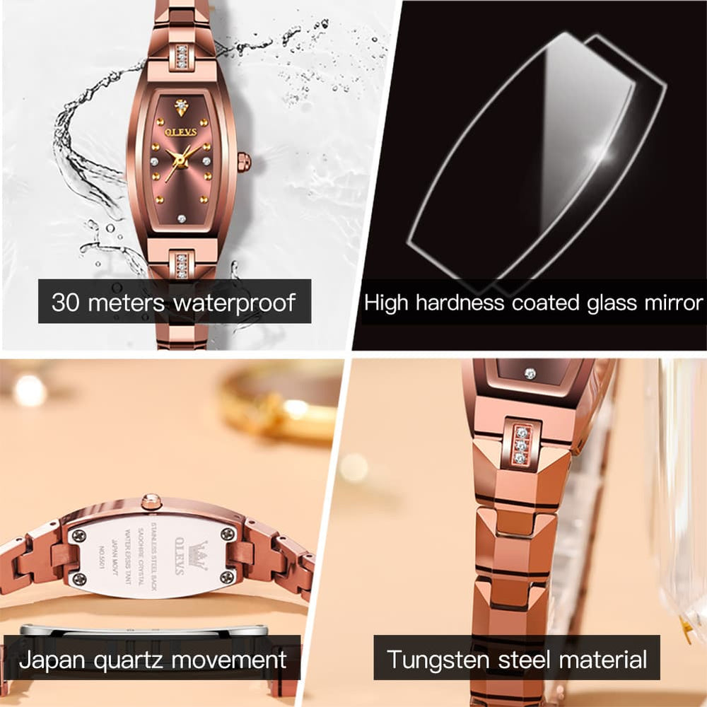 OLEVS 5501 Tonneau Tungsten Steel Quartz Watch for Women - Gold Watch | Olevs Watch Store