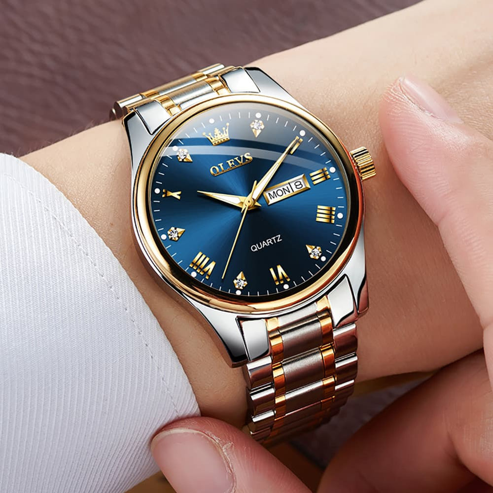 OLEVS 5563 Luxury Diamond Dial Quartz Stainless Steel Day Date Watch for Men - All Black Watch | Olevs Watch Store