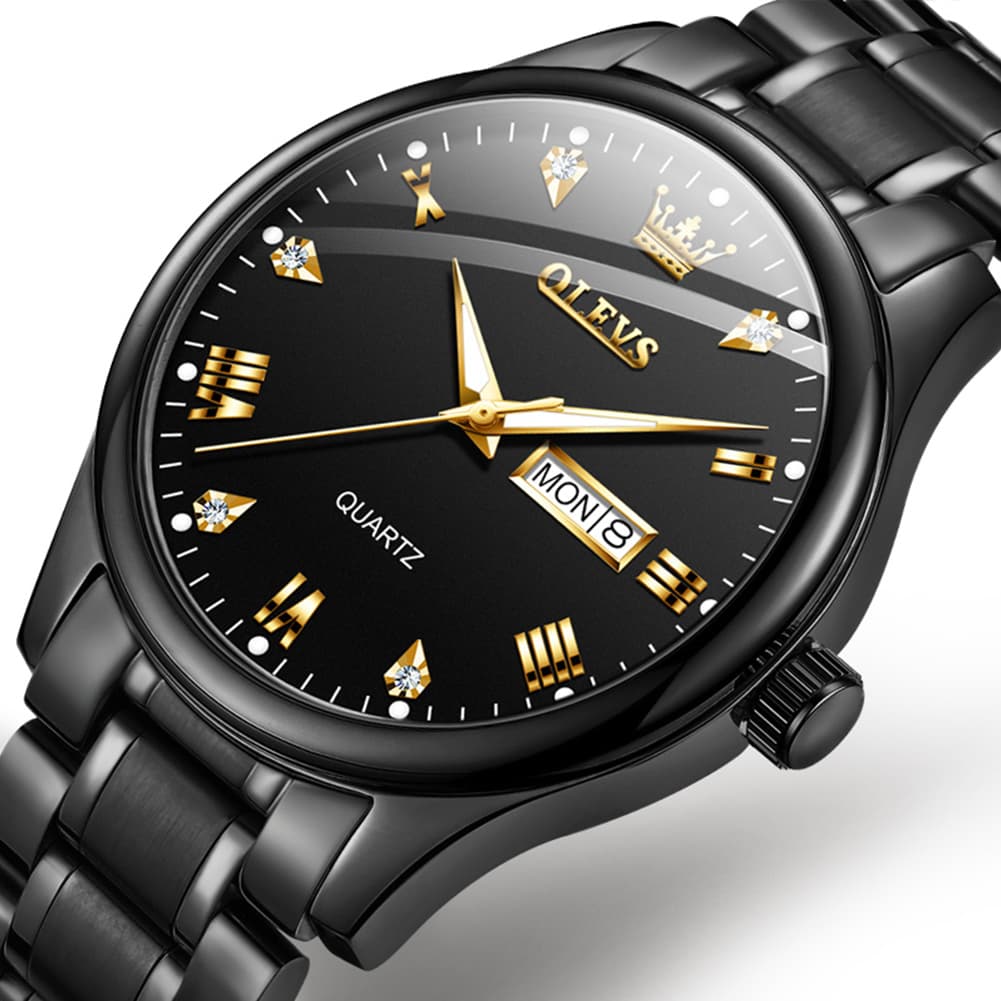 OLEVS 5563 Luxury Diamond Dial Quartz Stainless Steel Day Date Watch for Men - All Black Watch | Olevs Watch Store