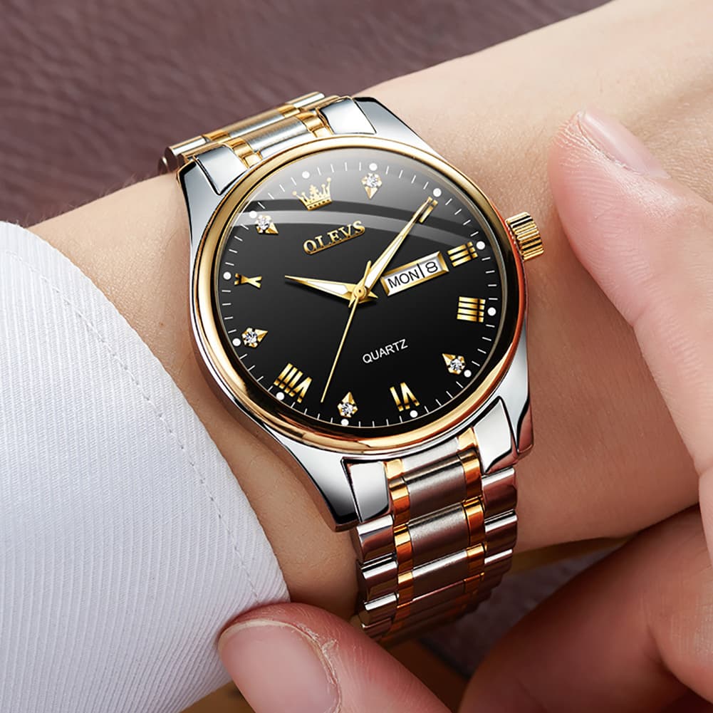 OLEVS 5563 Luxury Diamond Dial Quartz Stainless Steel Day Date Watch for Men - All Black Watch | Olevs Watch Store
