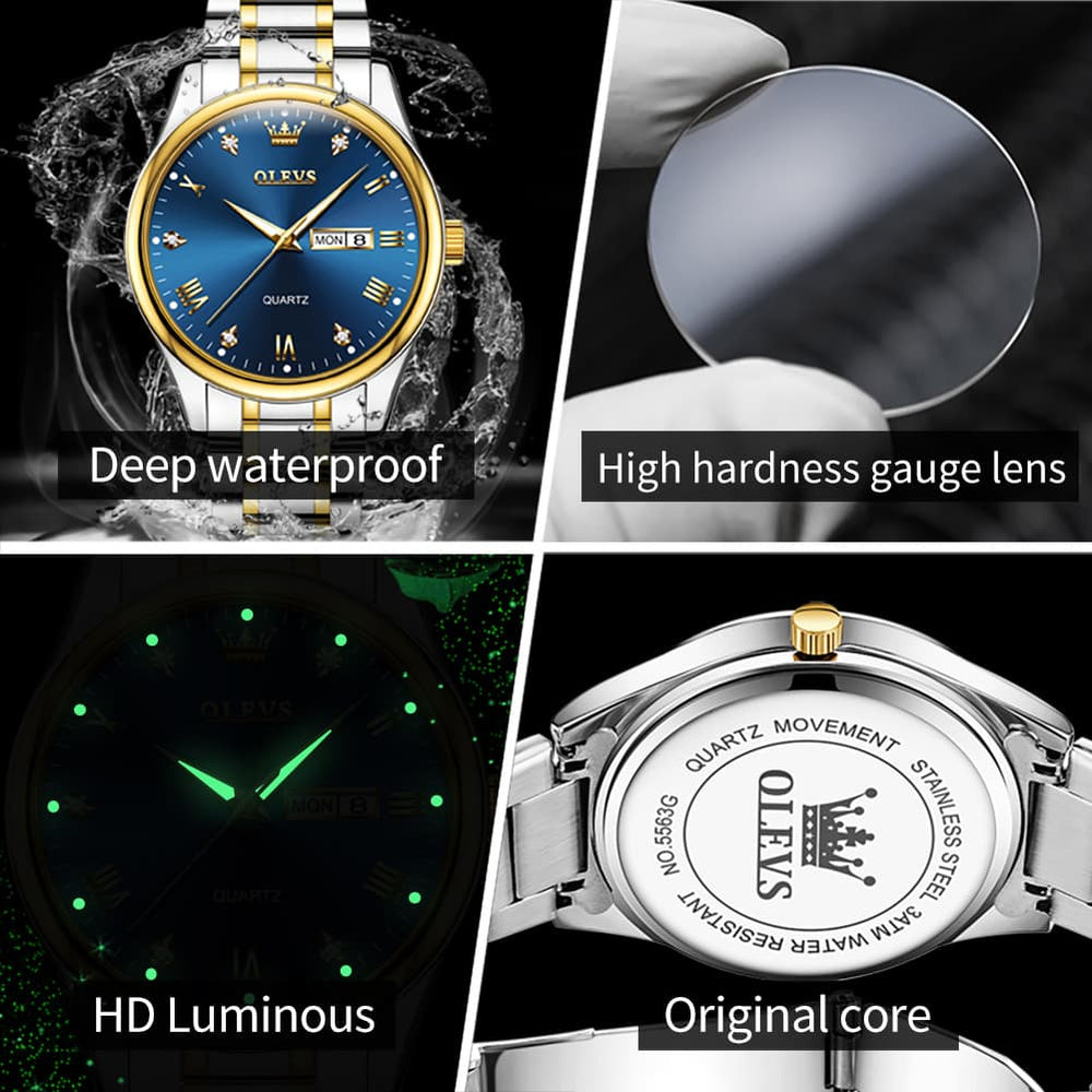OLEVS 5563 Luxury Diamond Dial Quartz Stainless Steel Day Date Watch for Men - All Black Watch | Olevs Watch Store